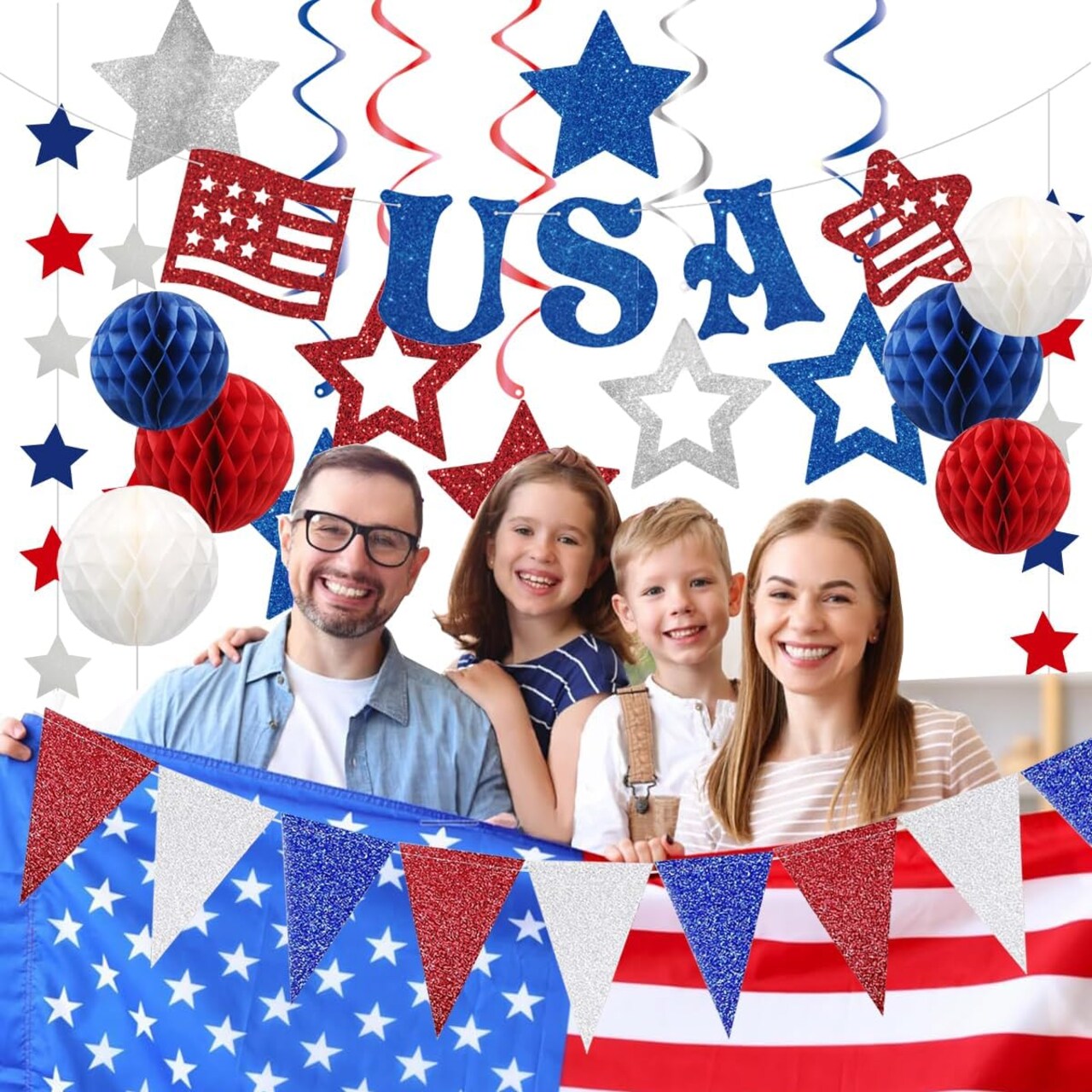 4th of July Patriotic Decorations Set,Red White Blue Honeycomb Ball,Star Hanging Swirl,star Garland
